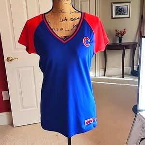 Majestic MLB Cubs V-Neck Short Sleeve Shirt, Size Large, Blue and Red